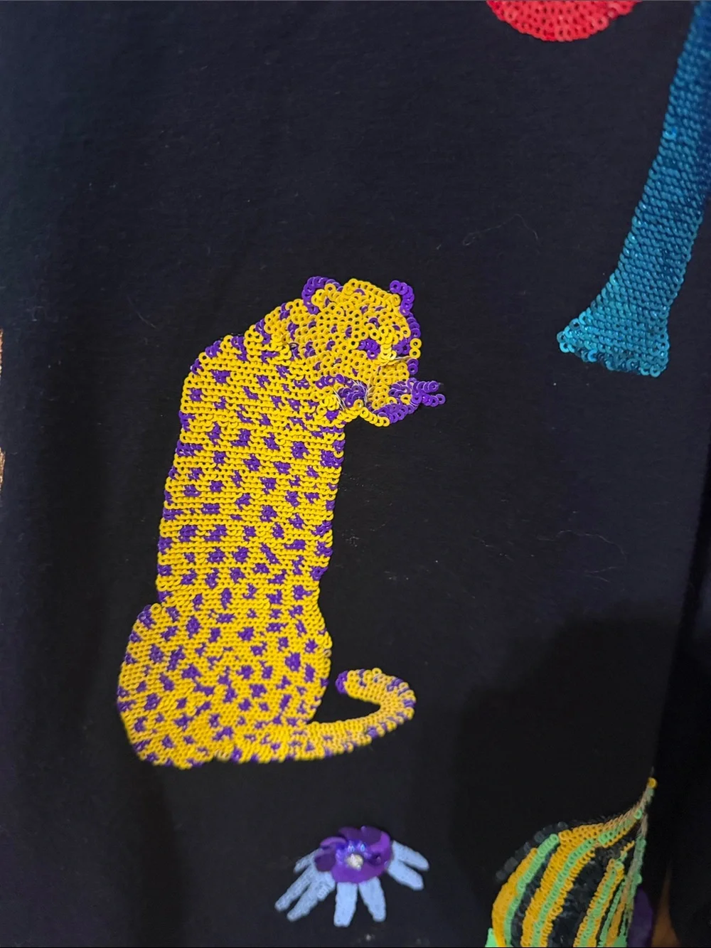 QUEEN OF SPARKLES Black Sweater with Neon Animal Appliqués - Picture 7 of 12